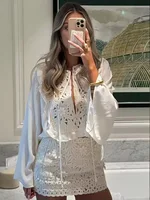 HH Female Summer Fashion Elegant Long Sleeve Lace Up Stitching Hollow Shirt+Temperament High Waist Mini A-line Skirt Suit - Image 5