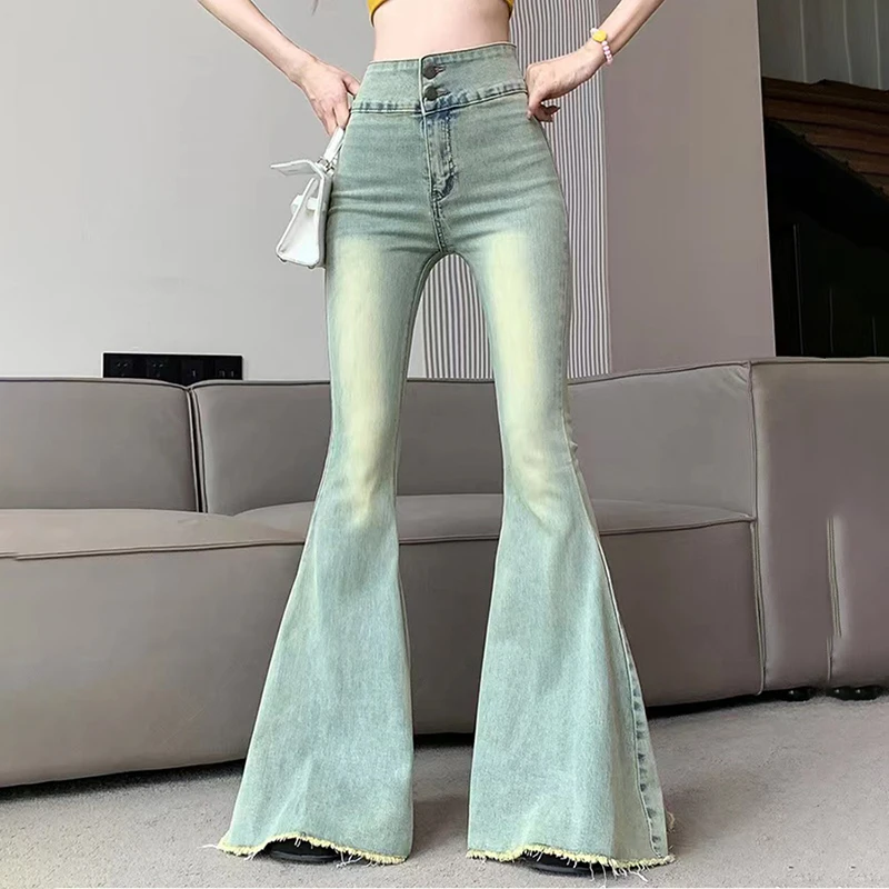 

Hdspq Vintage Wide Leg Flare Pants Women 2023 Autumn Korean Do Old High Waist Jeans Woman Streetwear All Match Denim Trousers