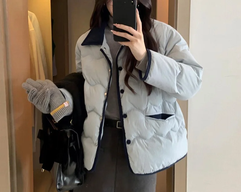 

Korean ins corduroy lapel light and thin down cotton jacket women's short style small fragrant fashion casual coat winter