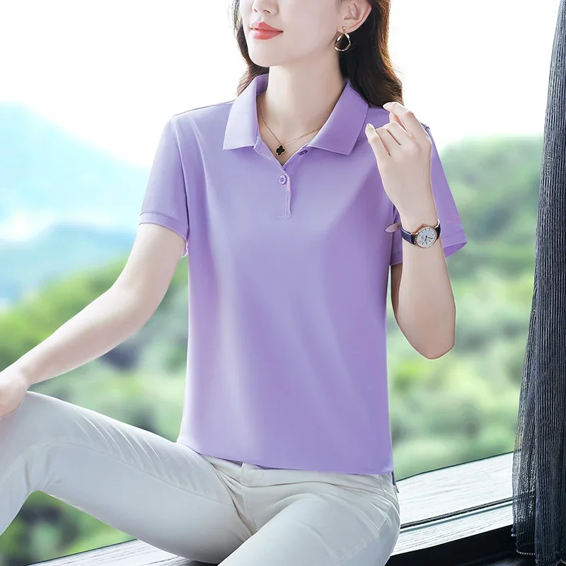 

Женская футболка-поло, топ, базовые женские футболки, модный Быстросохнущий Топ из вискозы с короткими рукавами и отложным воротником, женская рубашка-поло