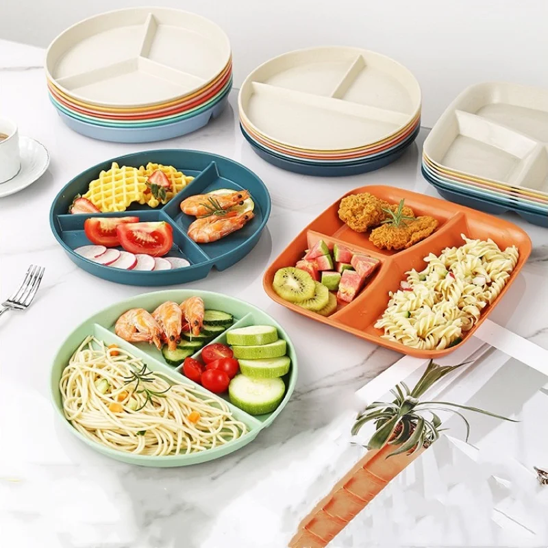 Divided Dish In three Diet Reusable Round Dinner Plate Kitchen Dinnerware Portion Plate for Adults 3 Compartments Microwave Safe