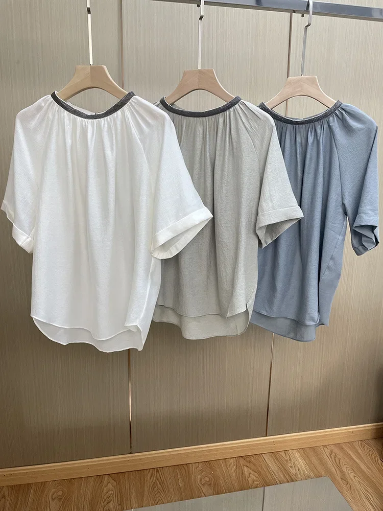

Women‘s Blouse 2023 New Beading Round-Neck Irregular Fashion Solid Color Casual Short Sleeve Shirt