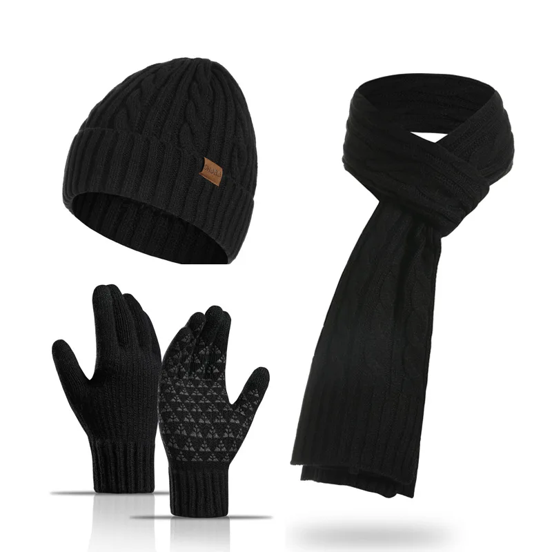 Men's Autumn Winter Keep Warm Set Solid Color Unisex Beanie Gloves Scarf Male Wool Knitted Muffler Spring Fall Fleece Lining Hat