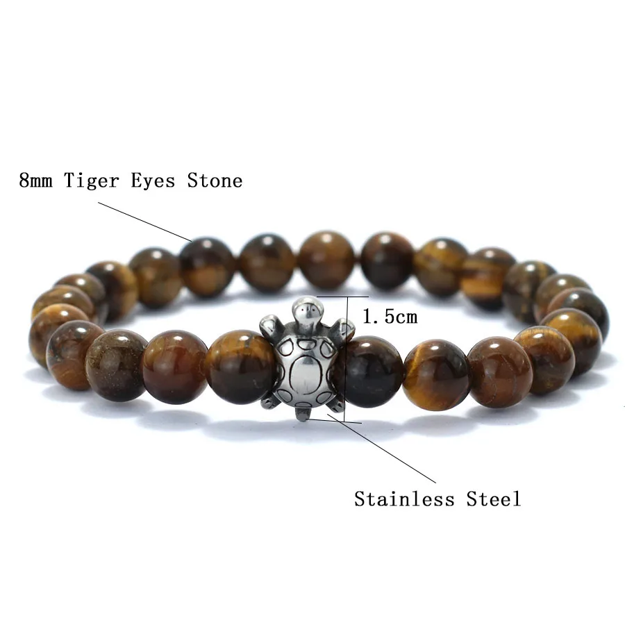Natural Stone Beaded Stainless Steel Turtle Bracelet for Men