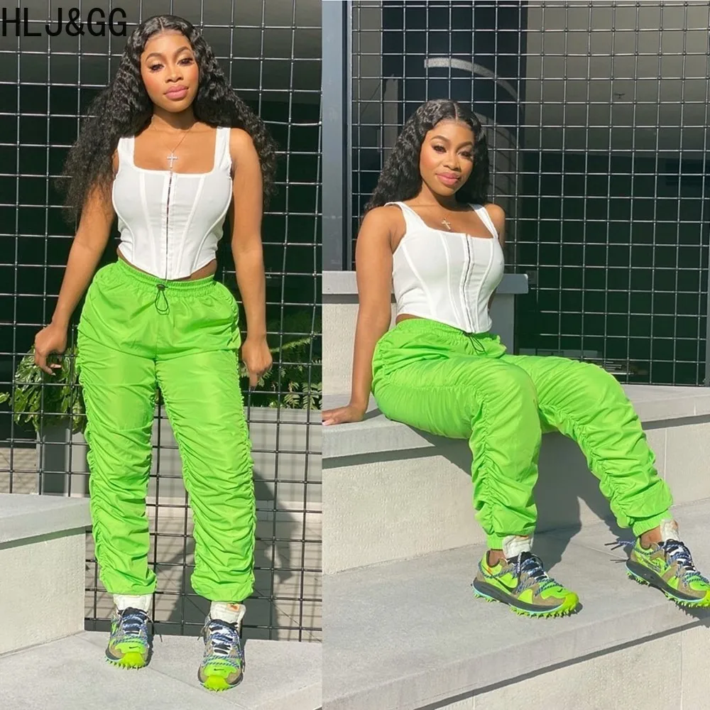 HLJ&GG Casual Female Ruched Design Jogger Pants Women High Waisted Sporty Bottoms Autumn Winter Solid Color Matching Trousers