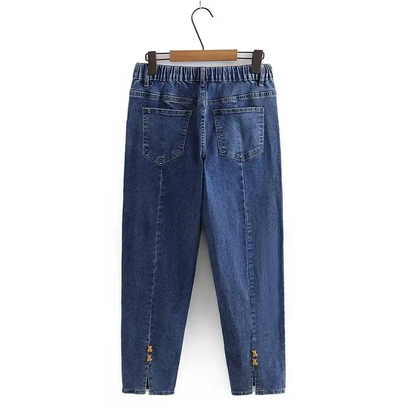 2023 Autumn Clothes Women Plus Size Jeans Stylish Back Foot Slit Bear Decoration Stretch Harem Pants Casual Bottoms
