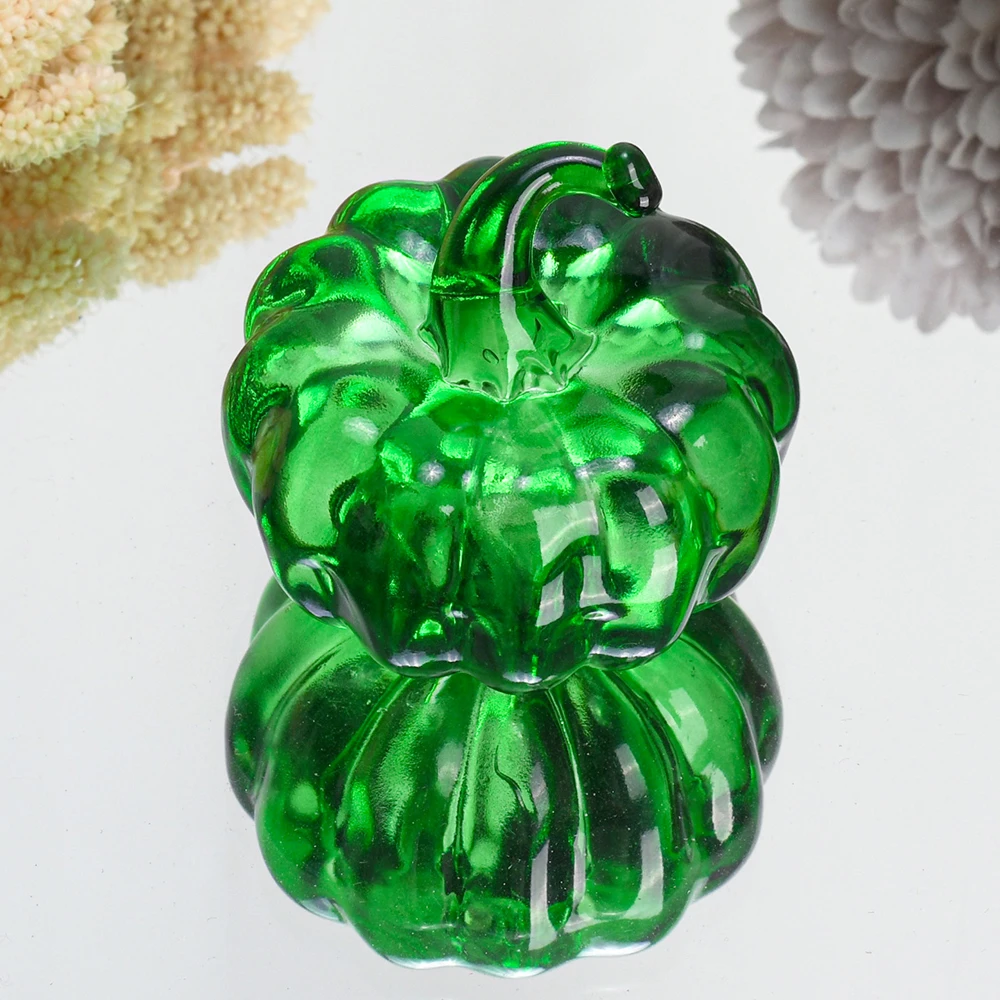 Green Crystal Pumpkin Figurine Miniature Figurines Crystal Stone Ornament Glass Ornament Collectible Paperweight HandBlown Glass Pumpkin Ornament For Fall Harvest Thanksgiving Gift