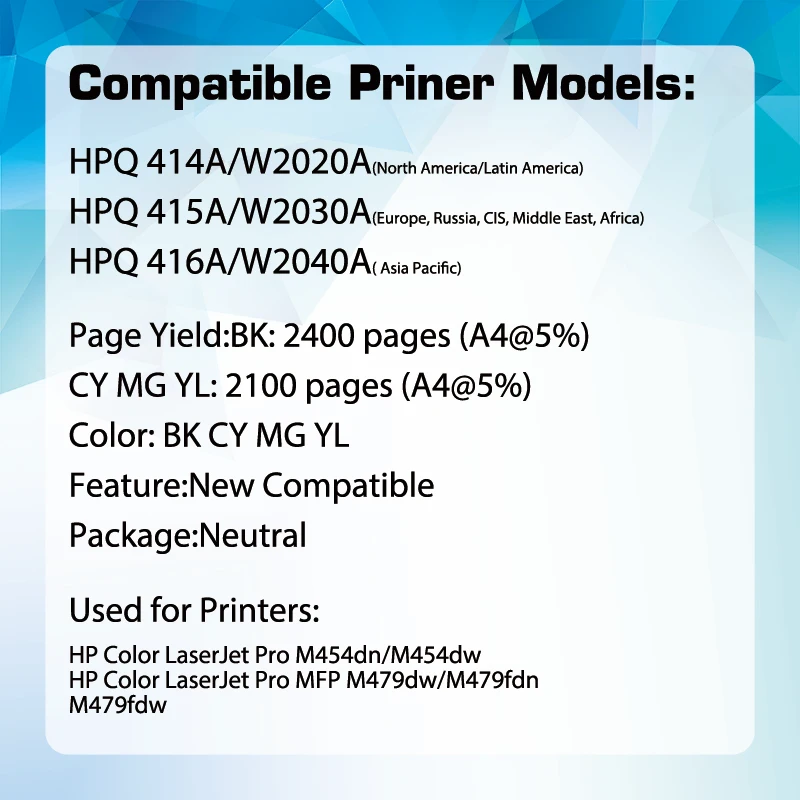 Qualicom 415a with chip toner cartridge for HP m479dw m479fdw M454dn M480f printer W2030A 414A 416A