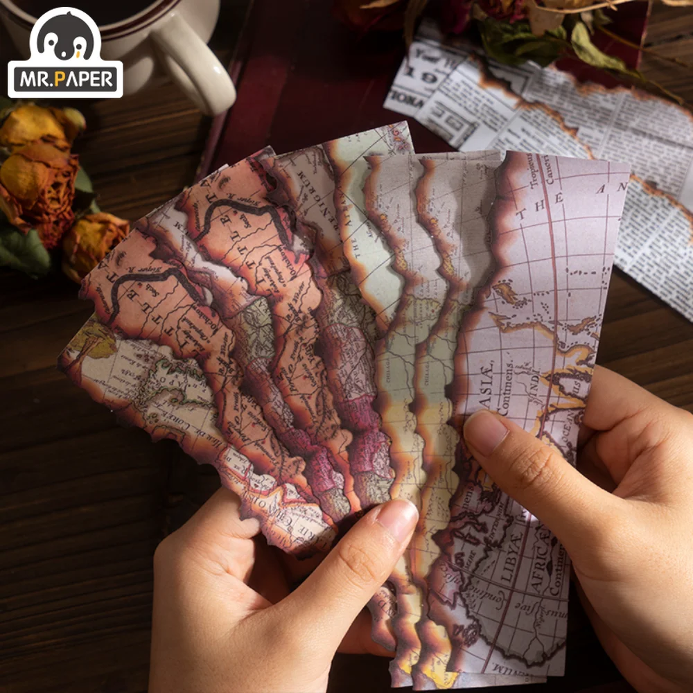 

Mr. Paper 6 Style Vintage Burning Washi Sticker Creative Map Note Newspaper Hand Account Material Decoration Stationery Sticker