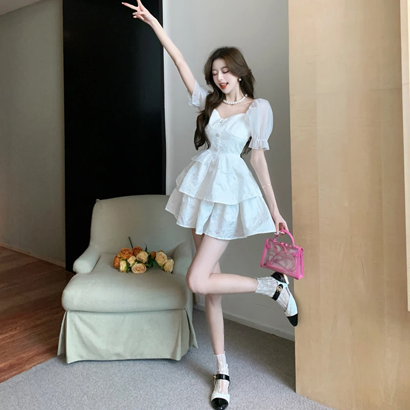 

Sweet White Runaway Princess Mini Dress Cute Puff Sleeve Square Collar Chiffon Vestido Summer Kawaii Black Cake Vestido Feminino