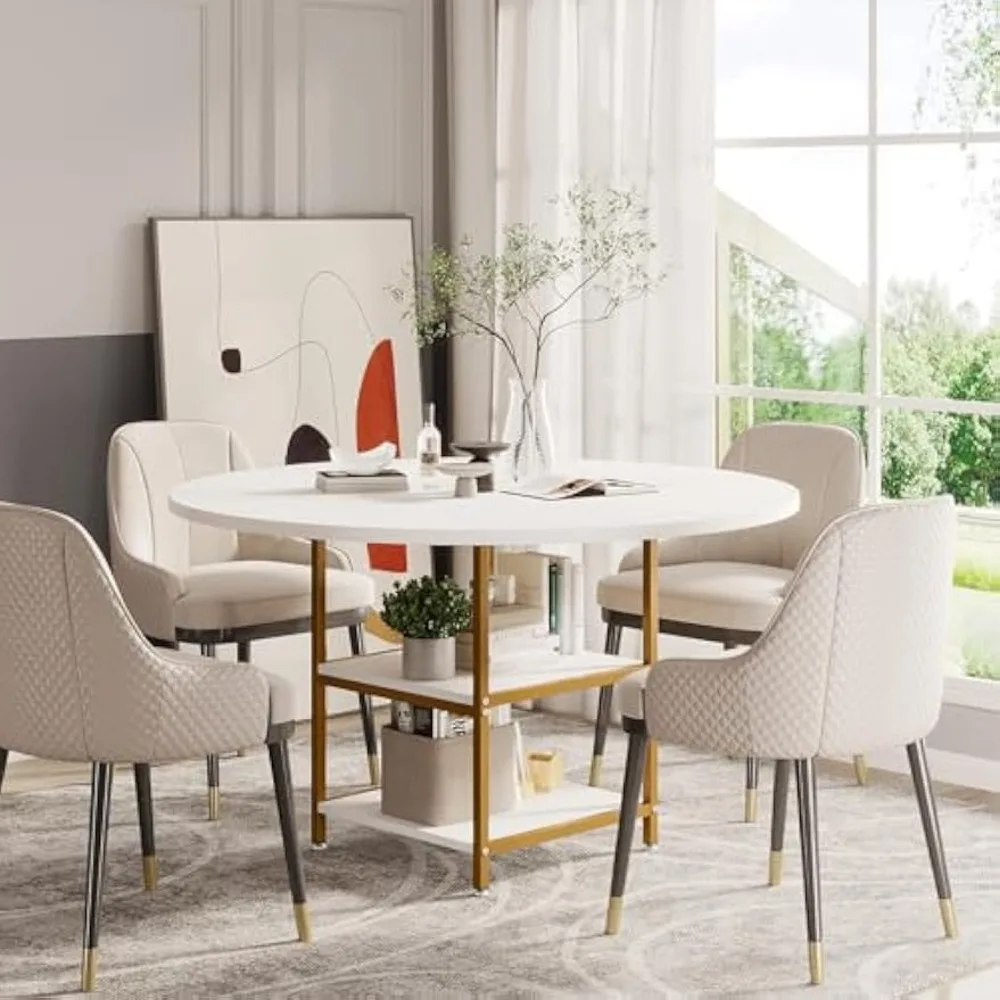 Dining Table Kitchen Tables for Dining Room, 4 People Round Dinner Table with Storage Shelves for Dining Room Kitchen Living 3