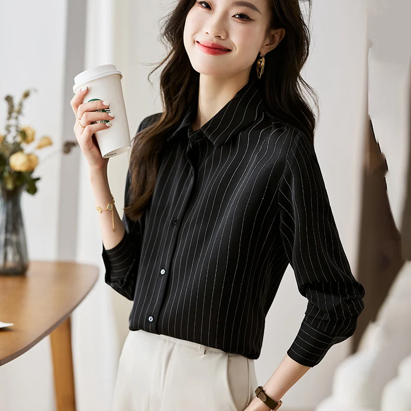 

Satin Women Shirt 2024 Spring Fashion Women Clothing Black Stripe Blouse Women Long Sleeve Blouse Button Up Shirt OL Ladies Tops