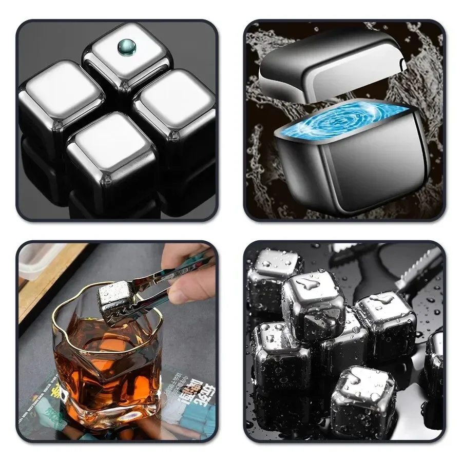 6 Piece Whiskey Ice Cubes Set with Silicone Head Tongs and Ice Cube Trays Stainless Steel Cubes Reusable
