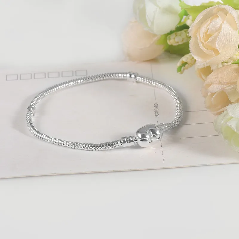 Original 925 Silver Color heart shape charm bracelet snake DIY bead bracelets gift for women