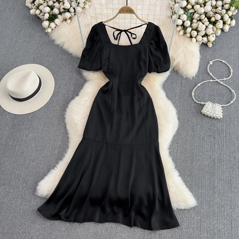 

Summer Gentle Wind Square Neck Bubble Short Sleeve Waist Slim A-line Fishtail Dress Elegant Long Dress