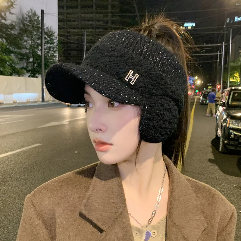 K329-Hat Women's Winter Riding Knitted Ear-proof Duck Tongue Hat Fashion Versatile Plush Warm Hollow Top Ear Cap Women's Hat 4