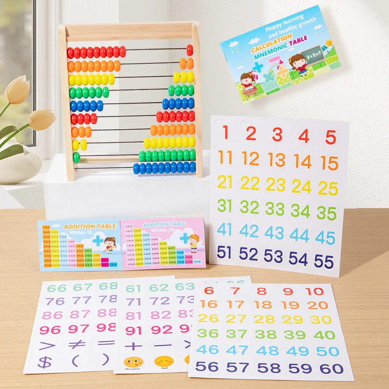 Educational Toys Wooden Math 10-Row Counting 100 Beads With Counting Sticks Number Alphabet Card Preschool Learning