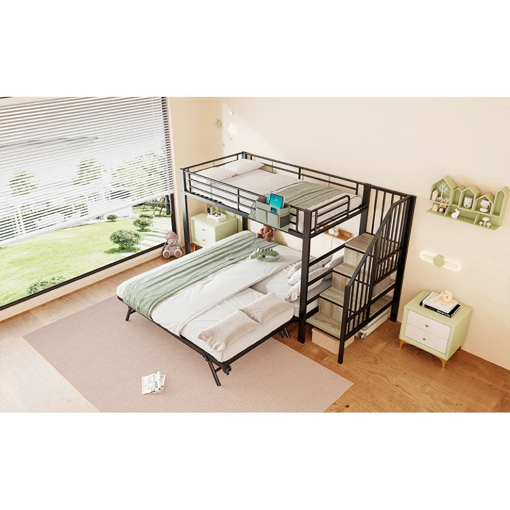 Schwarzes Metall-Eisenrahmen-Etagenbett 90×200 180×200cm Multifunktionales Ausziehbett mit Aufbewahrungstreppen & Stofftasche Platzsparend – Detail 24