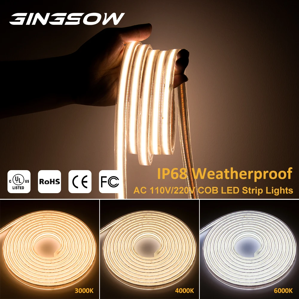 

Gingsow AC 110V 220V COB LED Light Weatherproof IP68 3000-6000K Optional RA90 High Density For Home Outdoor Decor Flexible Light