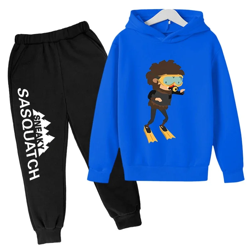 thumbnail image 1 of Conjunto de sudadera con capucha y pantalones de polar para niños, conjunto de 2 piezas, chándal, estampado de cabeza grande de Sasquatch furtivo, 1 of 5
