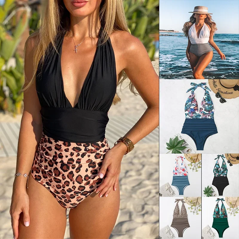 Fashion Printed Women One Piece Swimsuit Sexy Beachwear Backless Lace Up Swimwear