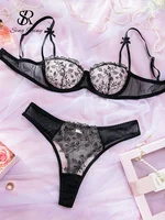 SINGREINY Embroidery Black Bra Brief Sets Women Strap Sheer Bra+Porn Thongs Hotsweet Erotic Floral Underwear Two Pieces Suits