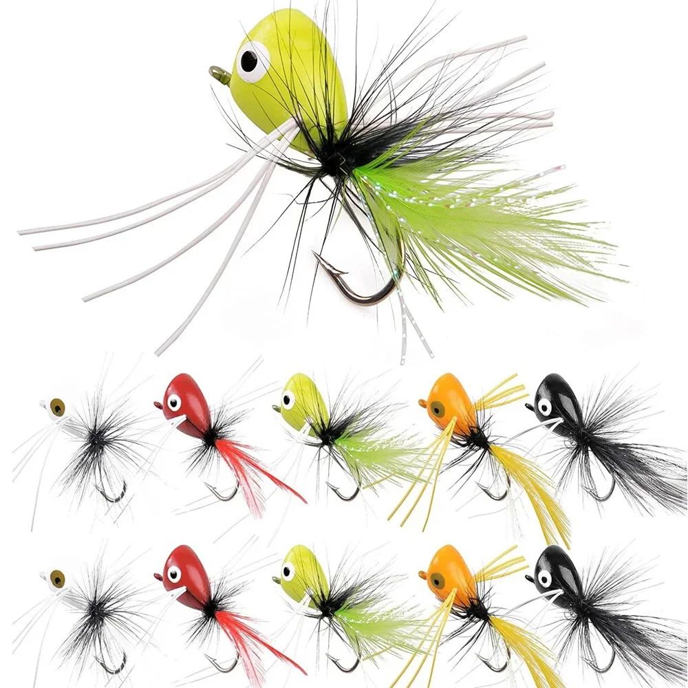 10 Stück Fliegenfischen Popper Fliegen Trockenfliegen Fliegenfischen Popper Köder Topwater Bass Panfish Poppers Fliegen Köder Köder mit Haken