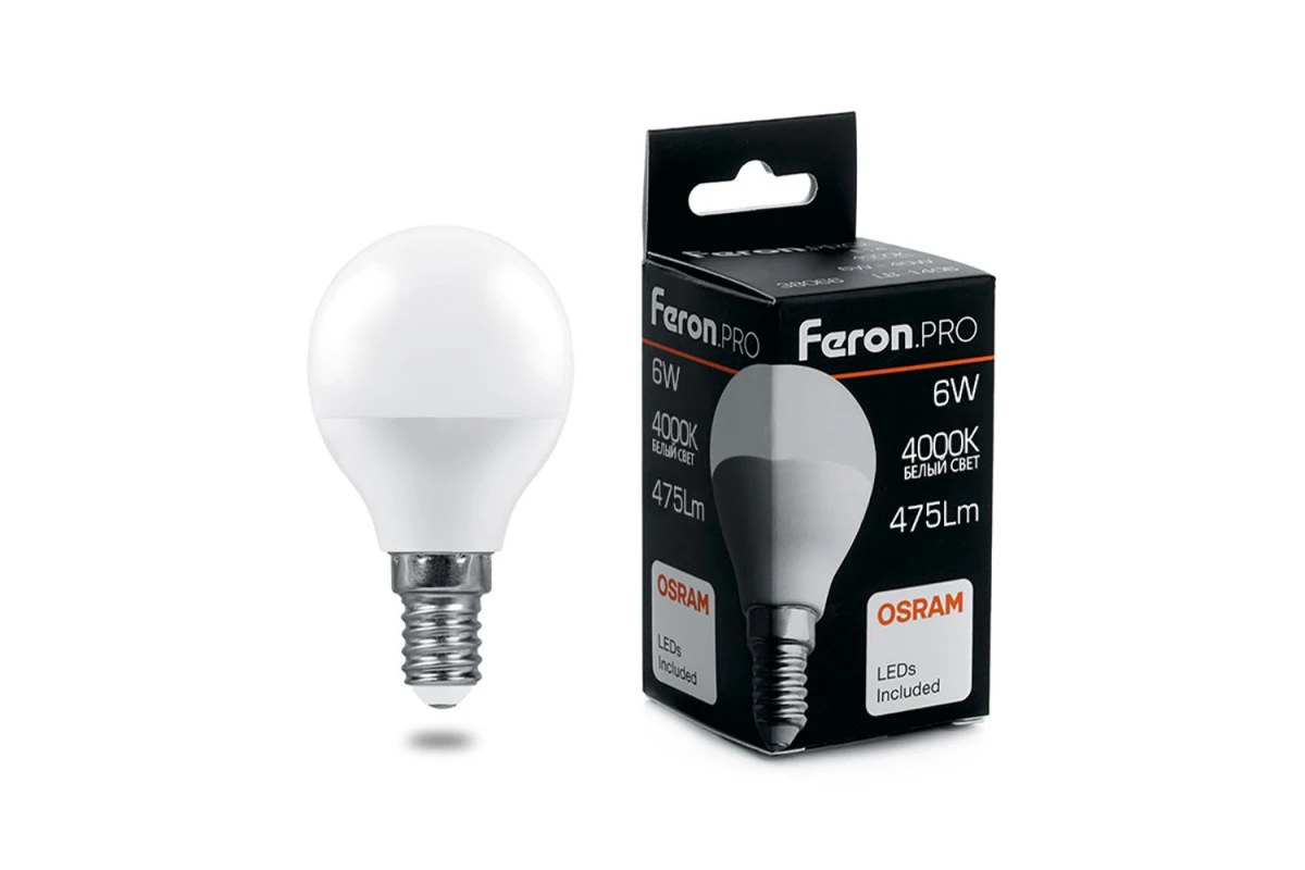 Лампа светодиодная LED 6вт Е14 белый матовый шар Feron.PRO OSRAM (LB-1406) | Лампы и освещение