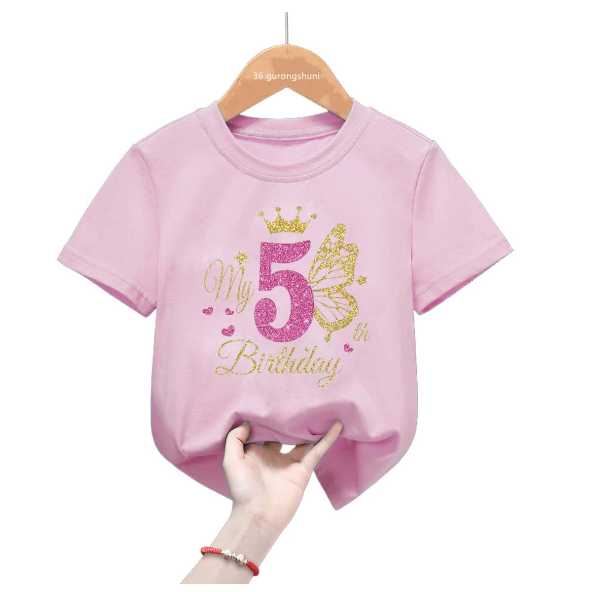 Customized Name Tshirt It's My 1-11th Happy Birthday Princess Golden Butterfly T-Shirt Girls Gift Kids Clothes Short Sleeve 4