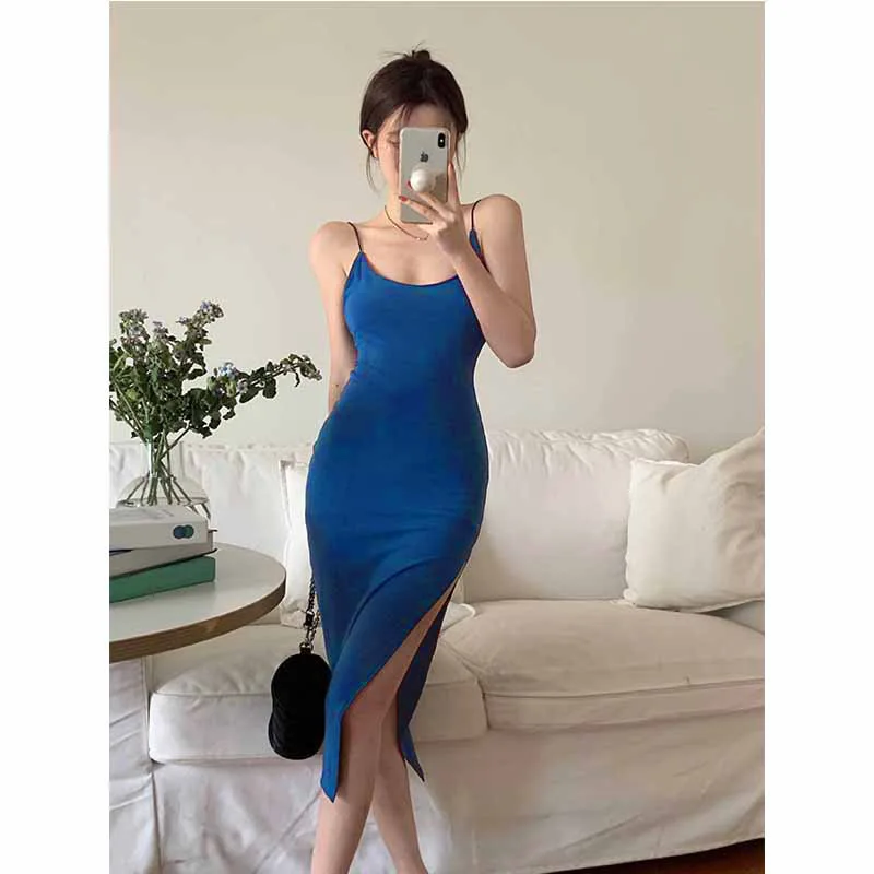 Sexy Suspender Tight Slim Skirt Fashion Split Ruffle Design Dress Summer Womens Clothing