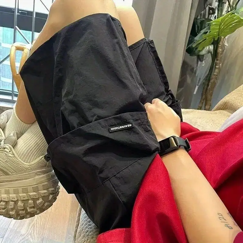2024 Summer New Trousers Korean Mid Waist Drawstring Spliced Pockets Fashion Casual Loose Men's Knee Pants Sweatpants Pants