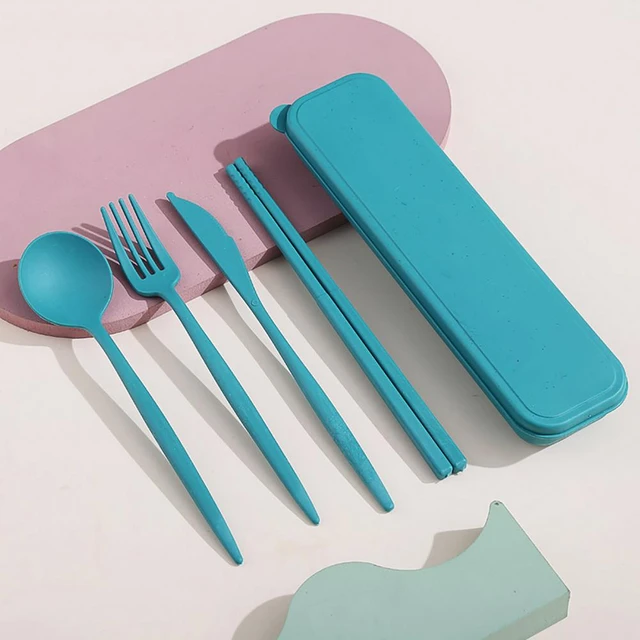 4 Sets Travel Utensils with Case, Cutlery Set Chopsticks Fork Spoon Knife  with Case, Reusable Plastic Utensils Sets for Lunch Box  Accessories,Portable