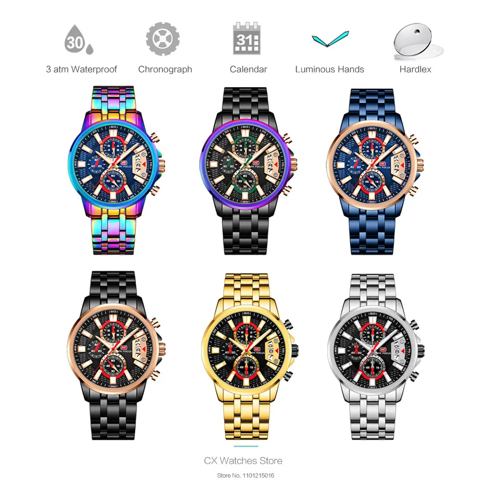 MINI FOCUS Motley Watches for Men Fashion Sport Chronograph Quartz Wristwatch with Date Luminous Hands Stainless Steel Strap Man 5