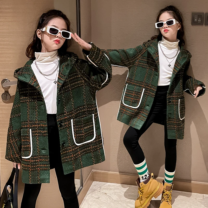 

Vintage Girls Trenchs Autumn Winter Children Clothing Wool & Blends Plaids tweed Overcoat Green Hooded Jacket Warm Girls Outwear