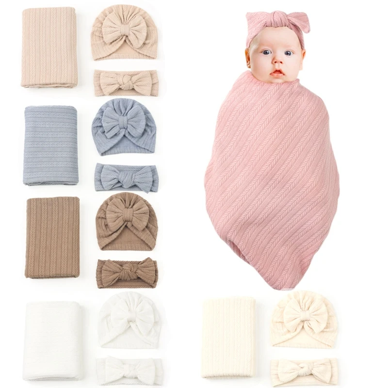

2/3pcs Baby Swaddle Bowknot Headband and Hat Set Newborn Receiving Blanket Wrap Shower Gift Photography Props Shower Gift