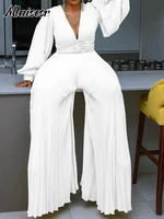 Mlaiscsr Elegant Evening Party Jumpsuit Long Sleeved Waist Pearl Bead Mesh Loose Wide Leg Pleated Long Dinner One Pieces Rompers - Image 3