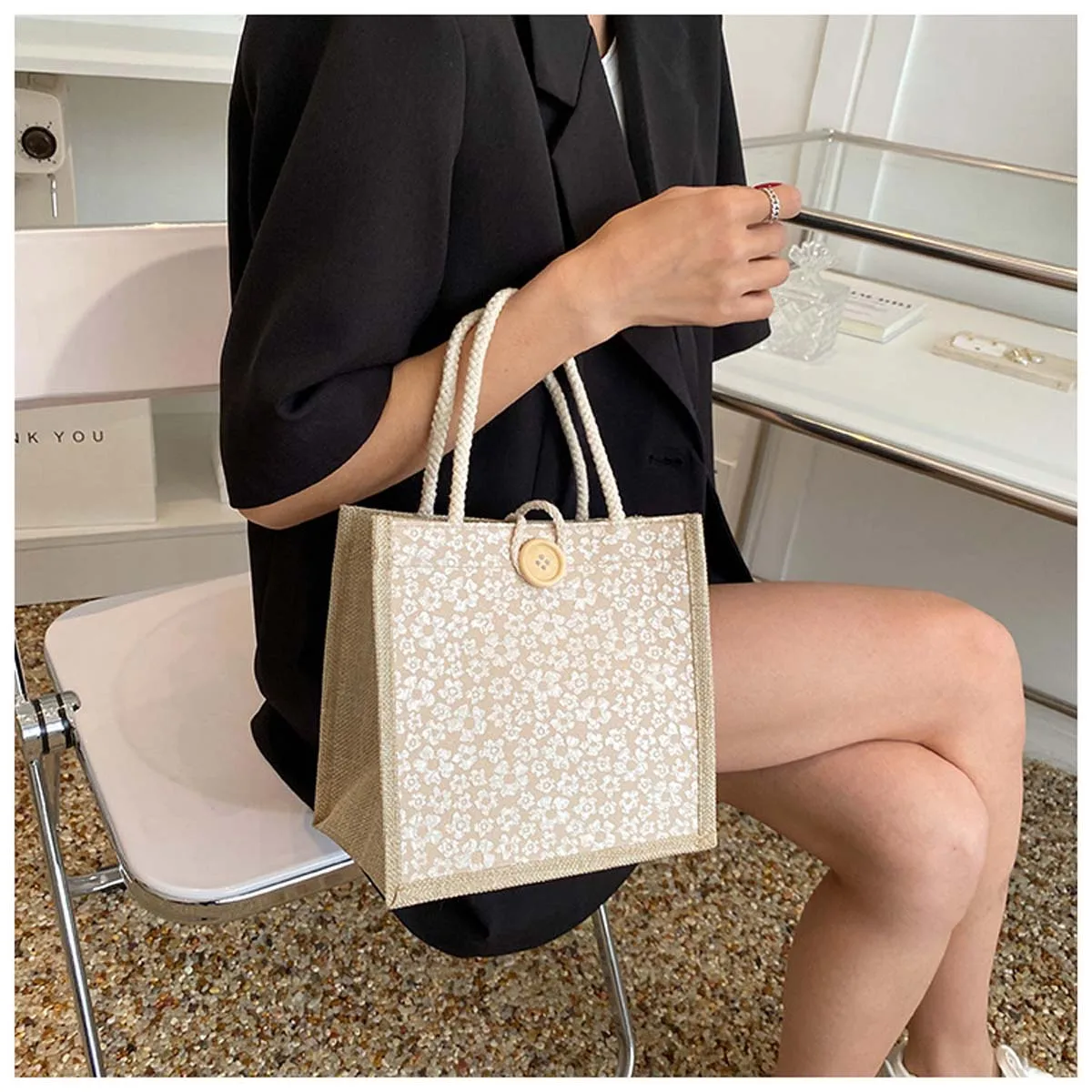Carry-on linen bag female fashion work out hand bento bag Japanese ins small satchel fashion canvas flower lunch