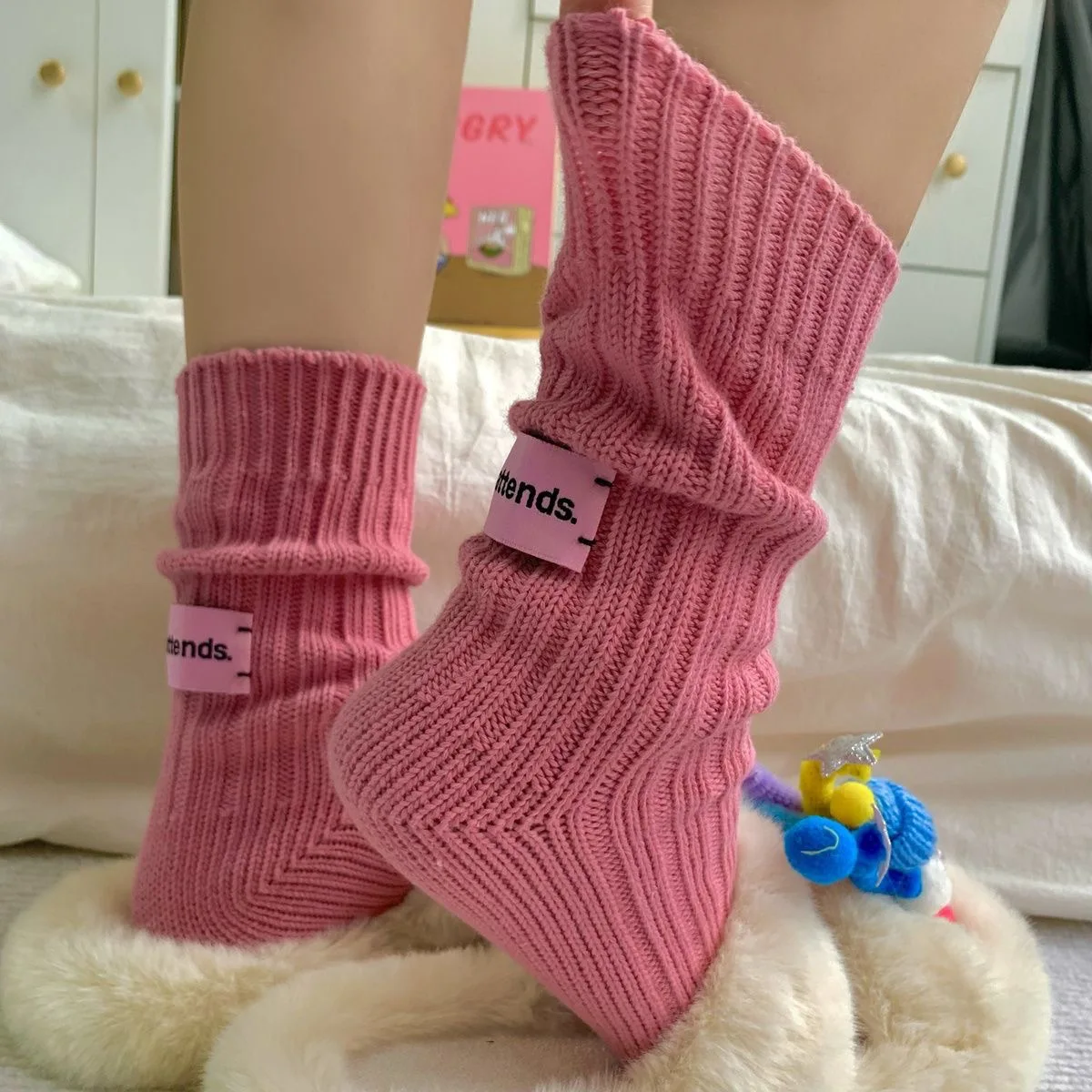 3 Paare/satz Koreanische Nadel Dicken Faden Gestrickte Mittelrohr Socken Japanische Einfache Rosa Label Frauen Paare Sport Gestapelt Socken – Detail 13