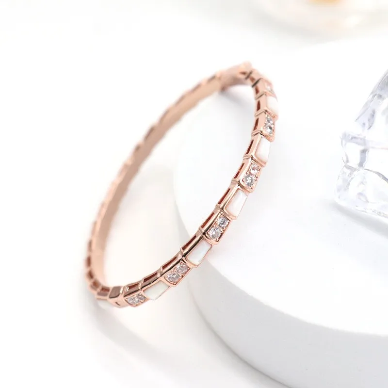 

Snake shaped bracelet trendy rose k gold buckle bracelet with diamond inlay, natural mother of pearl opening bracelet