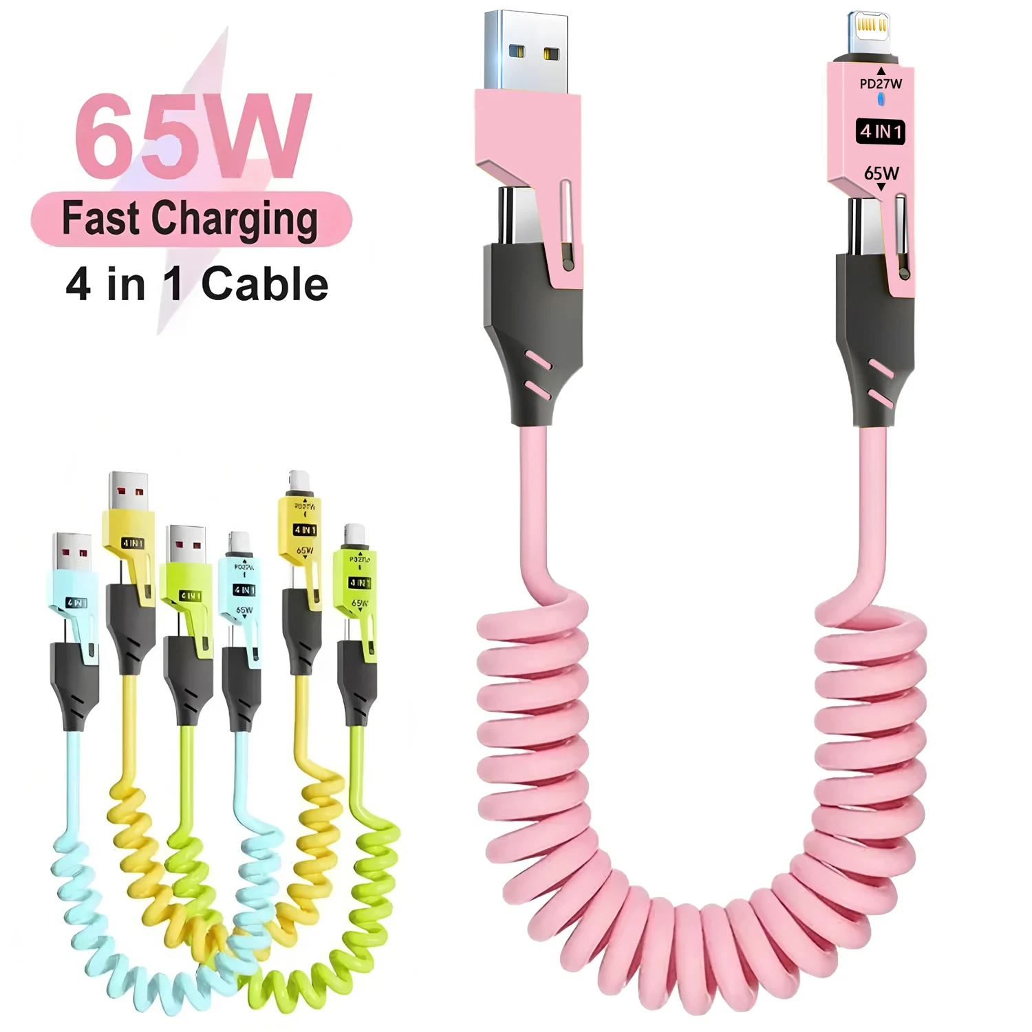 4-in-1 코일형 USB C 케이블 65W 고속 충전 PD 27W USB C to L..