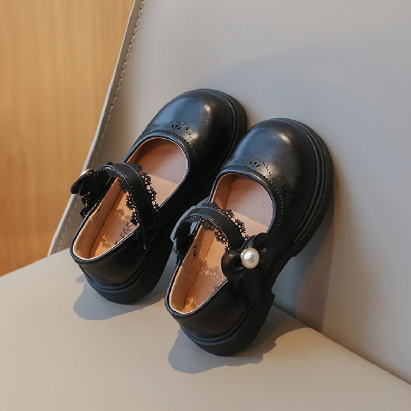 Girls' Flat Shoes Fashion Ruffled Edge Elegant Kids Leather Shoe Thick Bottom Bowknot Mary Janes Sweet Children Princess Shoes