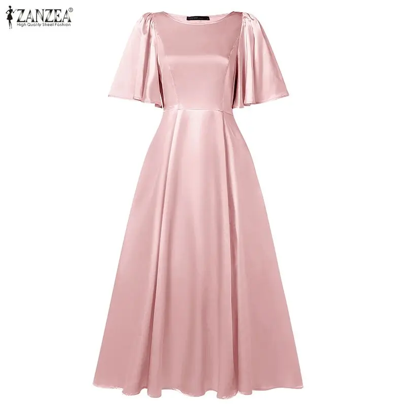 2026 ZANZEA Elegante Abito da Sera a Trapezio da Donna in Raso, Vestito Estivo con Maniche a Petalo Corte, Tinta Unita, Abito Lungo da Sera - immagine 2