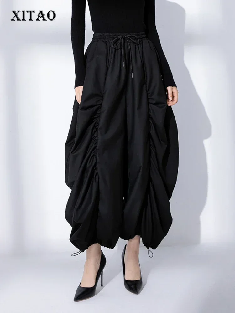 

Брюки XITAO женские широкие со складками, модные штаны асимметричного покроя черного цвета, весна 2024