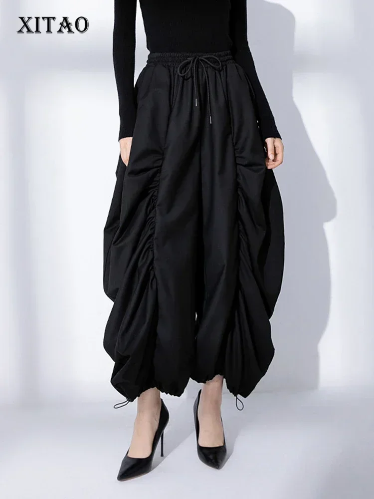 

XITAO Folds Wide Leg Pants Black Fashion Personality Irregular Splicing Women Pants 2023 Autumn New Street Trendy DMJ3090