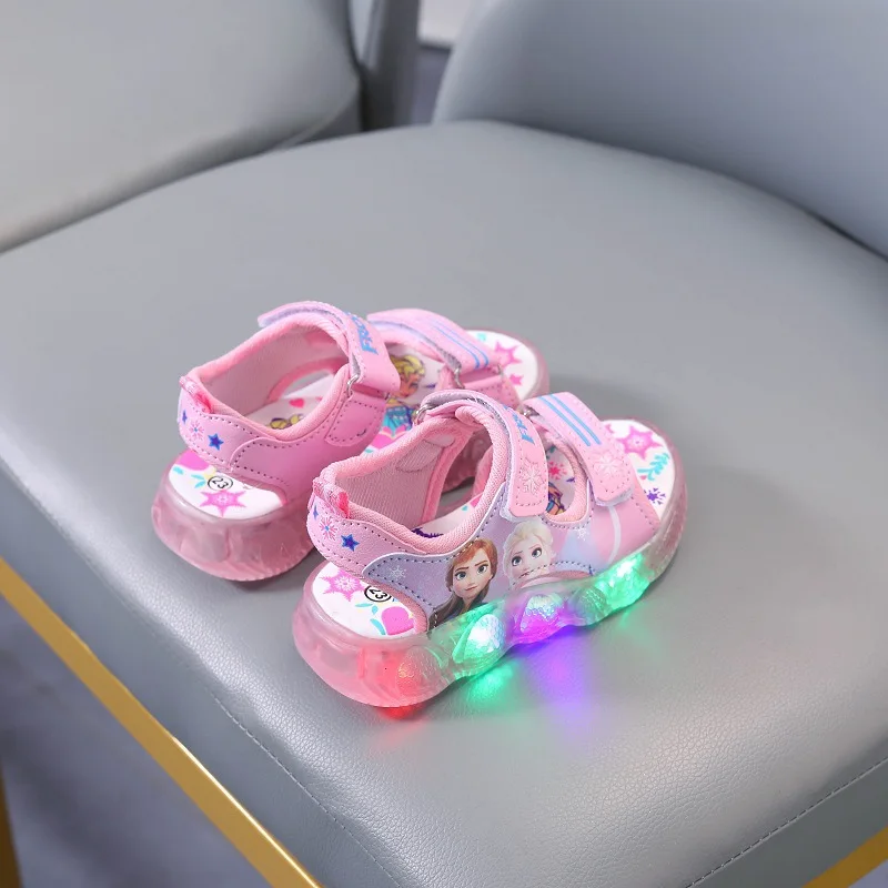 Kids Sandals Disney Boys Girls Frozen Elsa Princess Led Light Up Luminous Sports Sandals Summer Non-slip Toddler Shoes