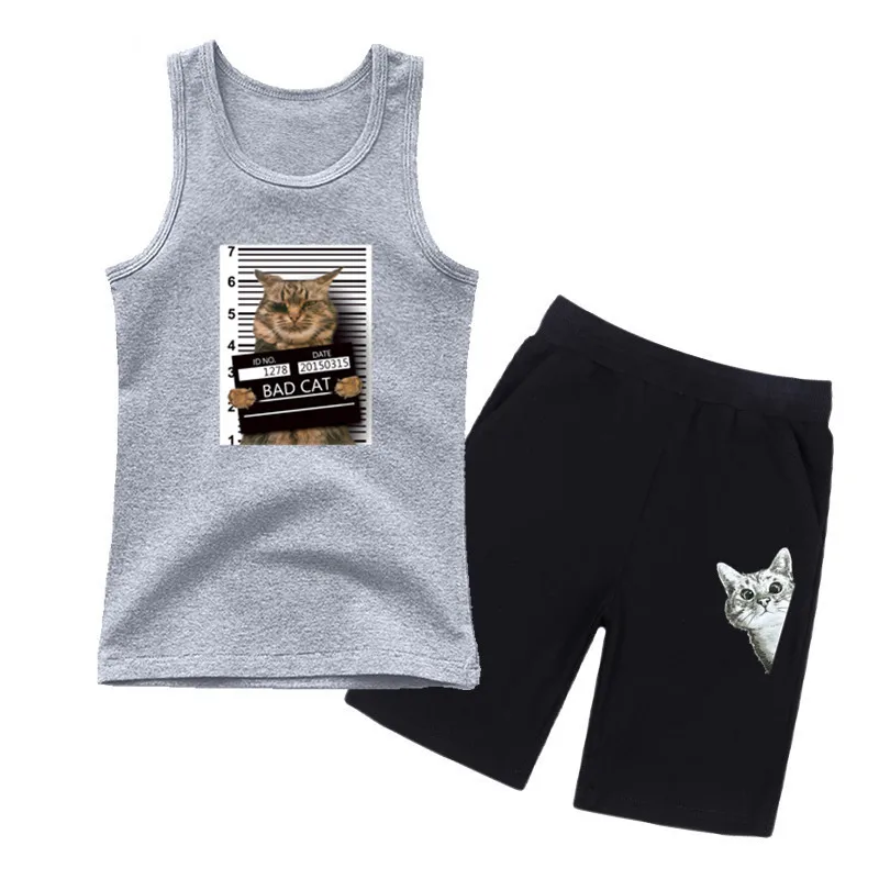 

Summer Boys Funny Outfits Kids Cartoon Bad Cat Print Tank Top +Shorts Set 2PCS Sleeveless T-shirt Tracksuit