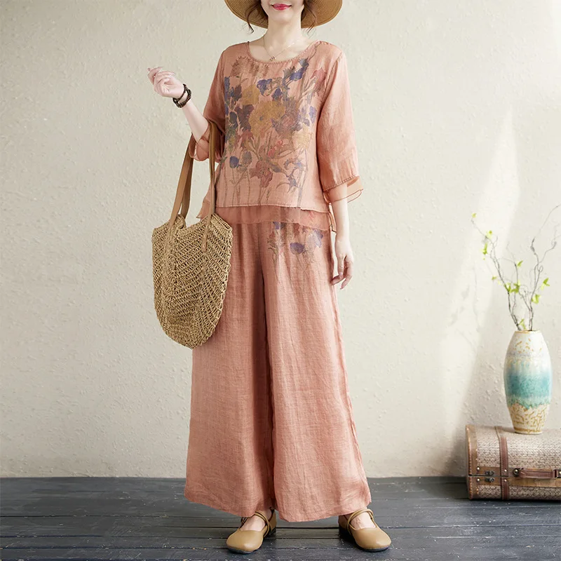New Summer Ethnic Style Printing Suit Shirt Pants Two Pcs Set Traditional Chinese Clothing for Women
