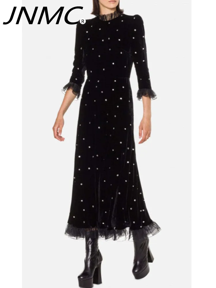 

JNMC Women Elegant Solid Shiny Sequin Diamond Mesh Patchwork Black Velvet Flounces Long Party Dress Sleeve High Neck Midi Dresse