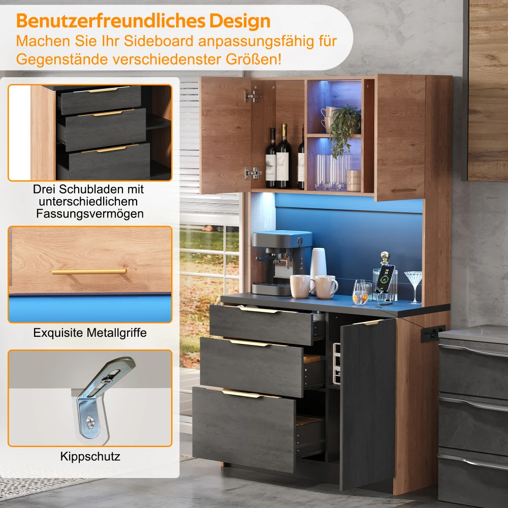 Stilvoller Küchenschrank, Schwarze Arbeitsplatte, Sideboard mit Verstellbarer LED-Beleuchtung und Steckdose, für Küchen, Esszimmer, Wohnzimmer – Detail 8