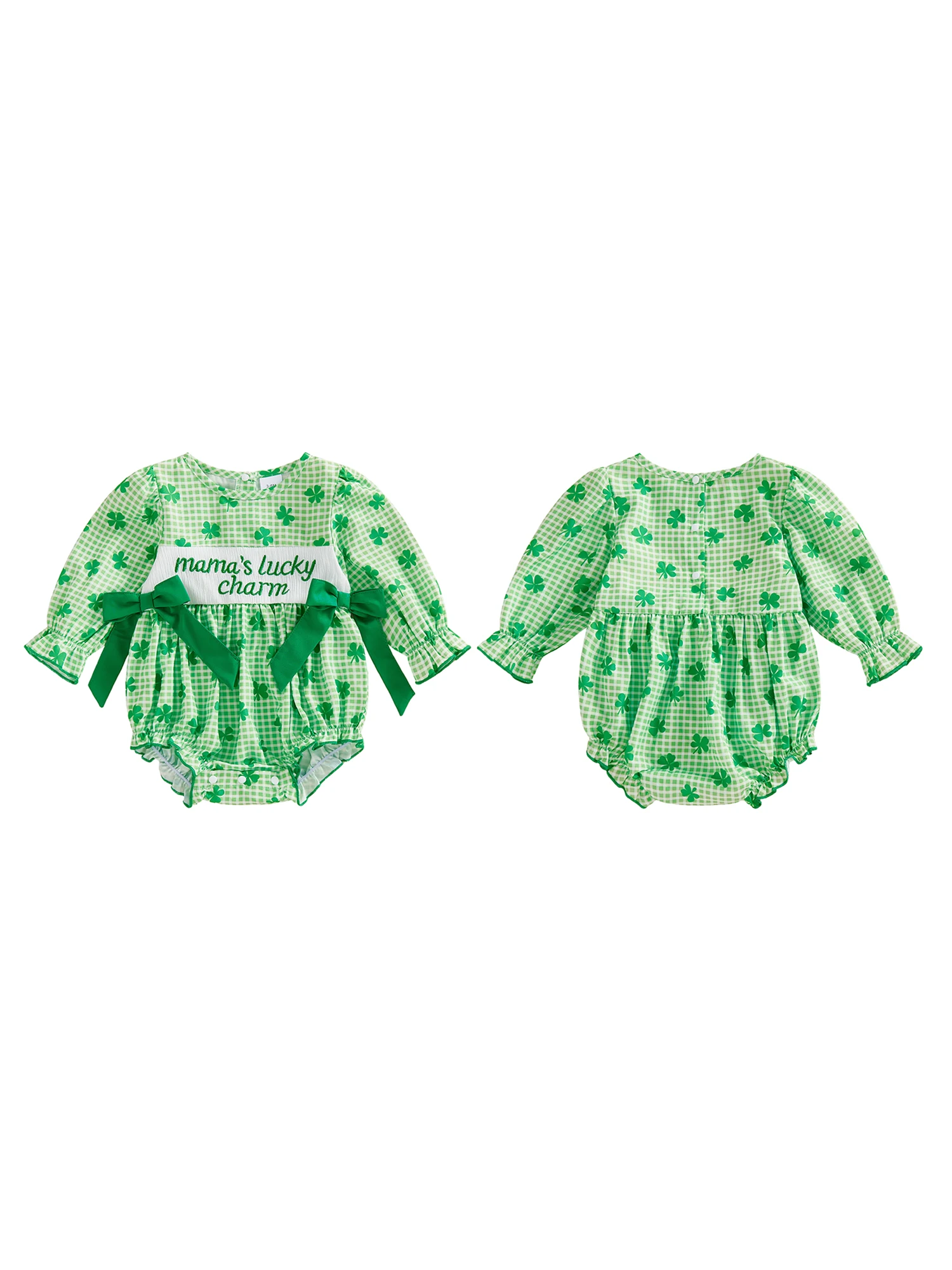 Stylish Baby Girl Plaid Romper with Long Sleeves Crew Neck Embroidered Letters Shamrock Print and Bow Detail - Adorable